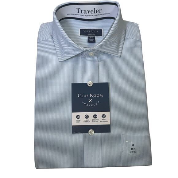 Club Room Men's Regular Fit Traveler Fine Stripe Dress Shirt Blue 15.5 32-33$60 - Picture 1 of 5